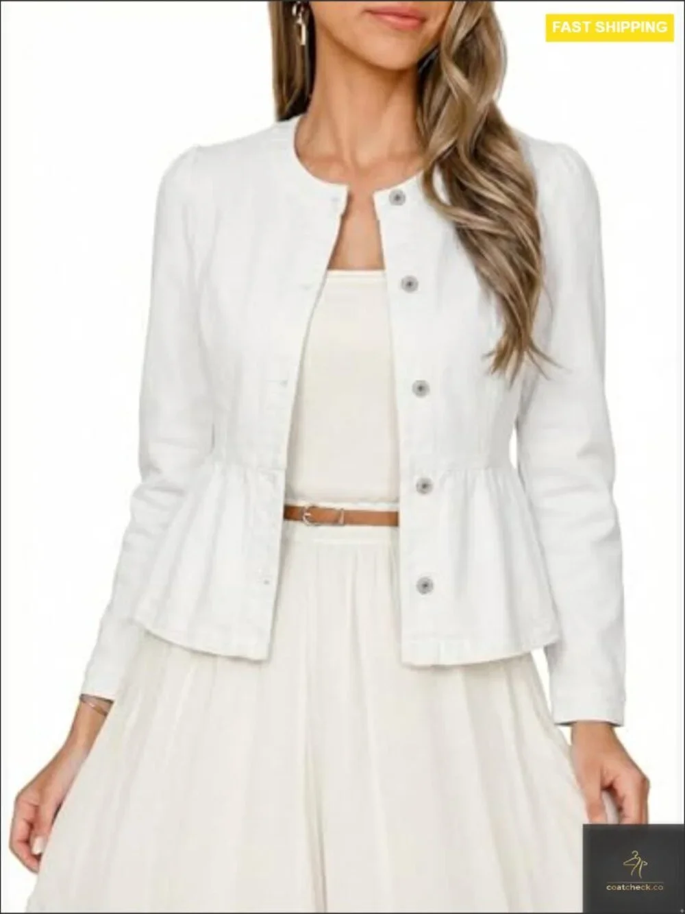 Cropped Denim Jacket Peplum Ruffle Hem Puff Sleeves Chic Modern Button Down